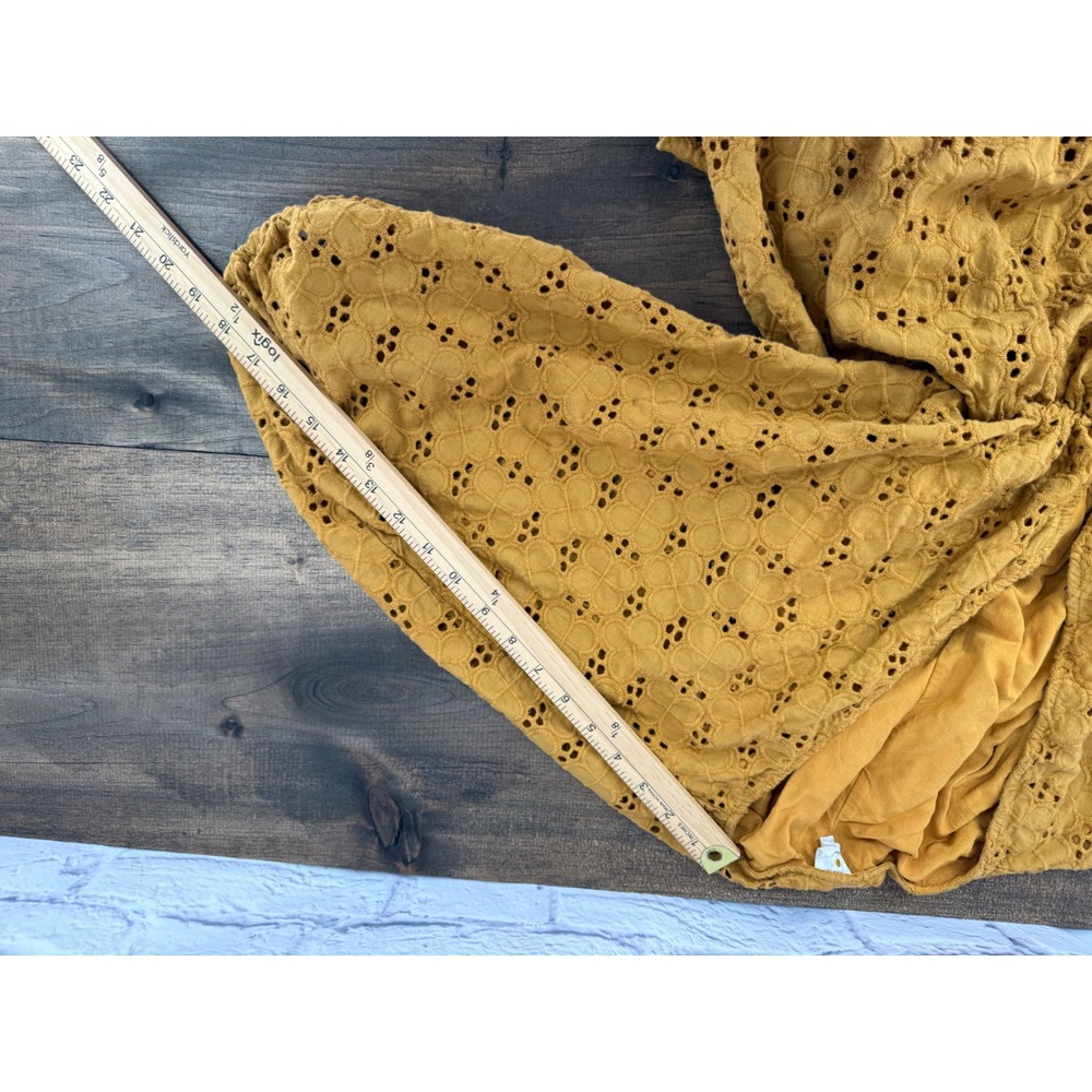 ByTogether Eyelet Mini Dress M Mustard Boho Cottagecore Prairie Puff Sleeve - Picture 10 of 12